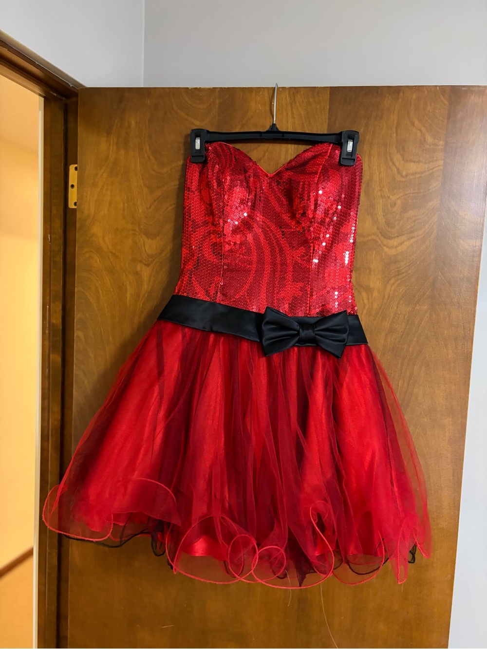 Strapless Red Sequin Tulle Prom Dress with Black Bow